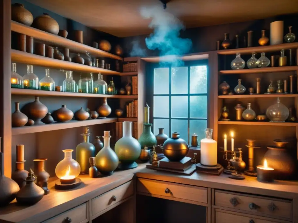 Laberinto alquímico en casa histórica: misterio y antigüedad Un laboratorio alquímico seguro montado con detalle en una casa histórica, repleto de libros antiguos, vidrio burbujeante y velas titilantes