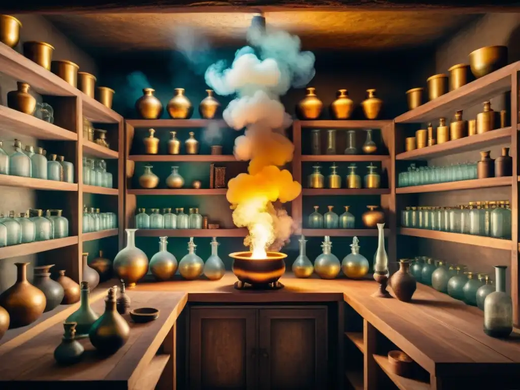 Laboratorio alquímico misterioso con brillo etéreo Montar laboratorio alquímico seguro en penumbra, con libros antiguos y cristalería burbujeante en estantes de madera
