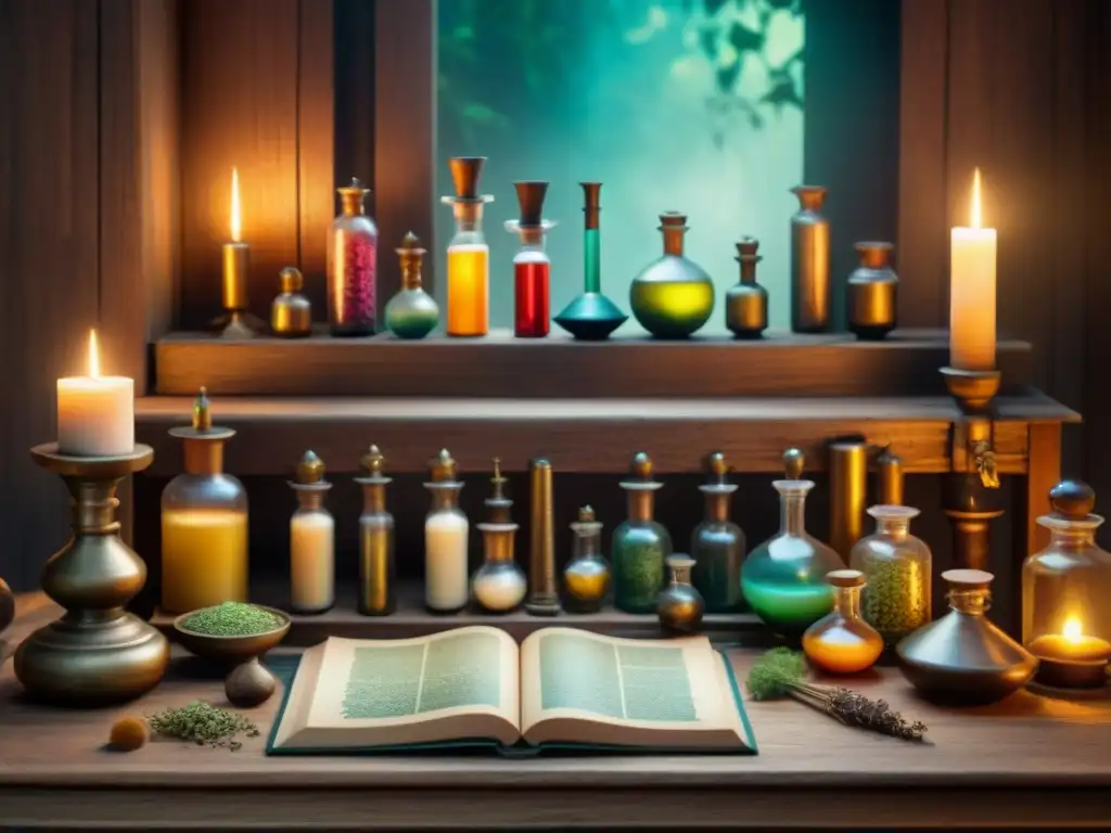 Montando laboratorio alquímico en casa: Banco de trabajo decorado con elementos antiguos y mágicos en tonos sepia cálidos