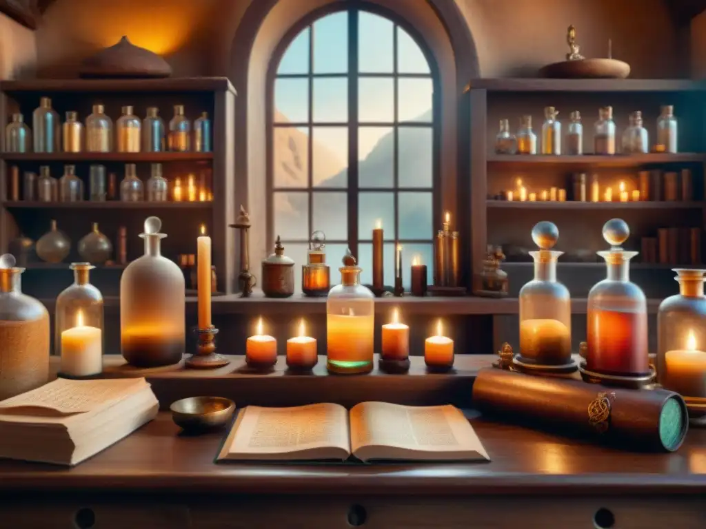 Un laboratorio alquímico tranquilo y místico, con antiguos manuscritos, velas y cristales brillantes, emitiendo una luz mágica