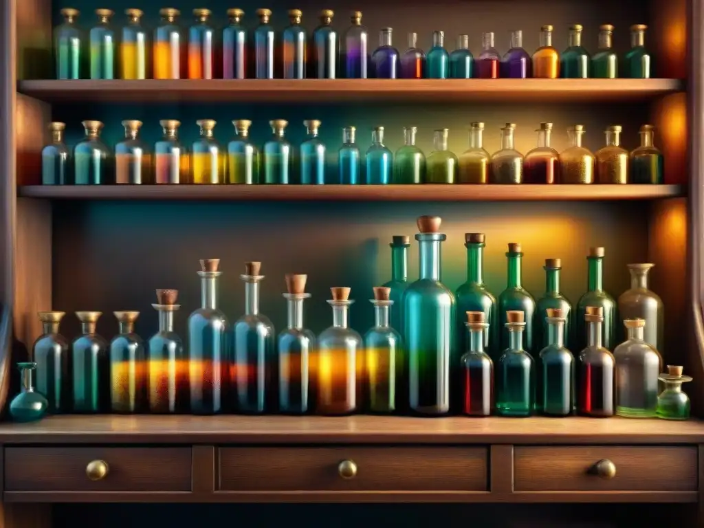 Un laboratorio alquímico vintage con botellas de líquidos coloridos y estantes repletos de libros antiguos, envuelto en una neblina mística