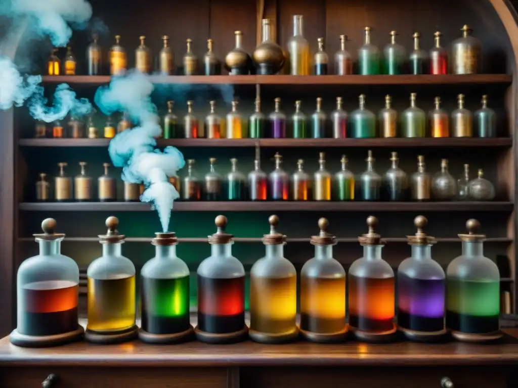 Un laboratorio alquímico vintage con botellas de líquidos coloridos, libros antiguos y una misteriosa neblina de humo