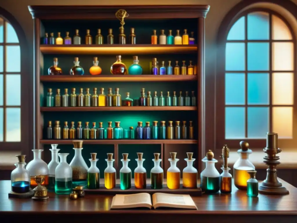 Un laboratorio alquímico vintage detallado con estantes llenos de aceites esenciales coloridos, instrumentos de latón y libros antiguos