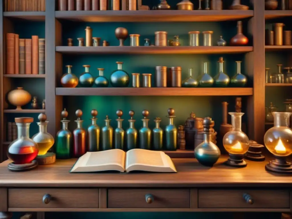Antiguo laboratorio de alquimia: vidriería, pociones y velas Un laboratorio alquímico vintage detallado en sepia con herramientas alquímicas para bienestar psicológico, velas y libros antiguos