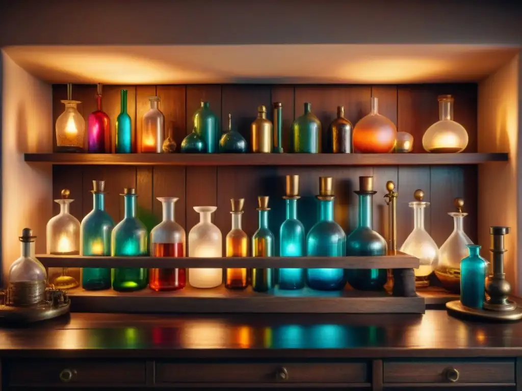 Un laboratorio alquímico vintage detallado en 8k, con botellas de colores y velas