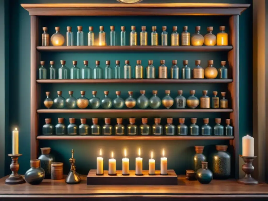 Un laboratorio alquímico vintage detallado, con manuscritos antiguos, velas encendidas y una aura mística