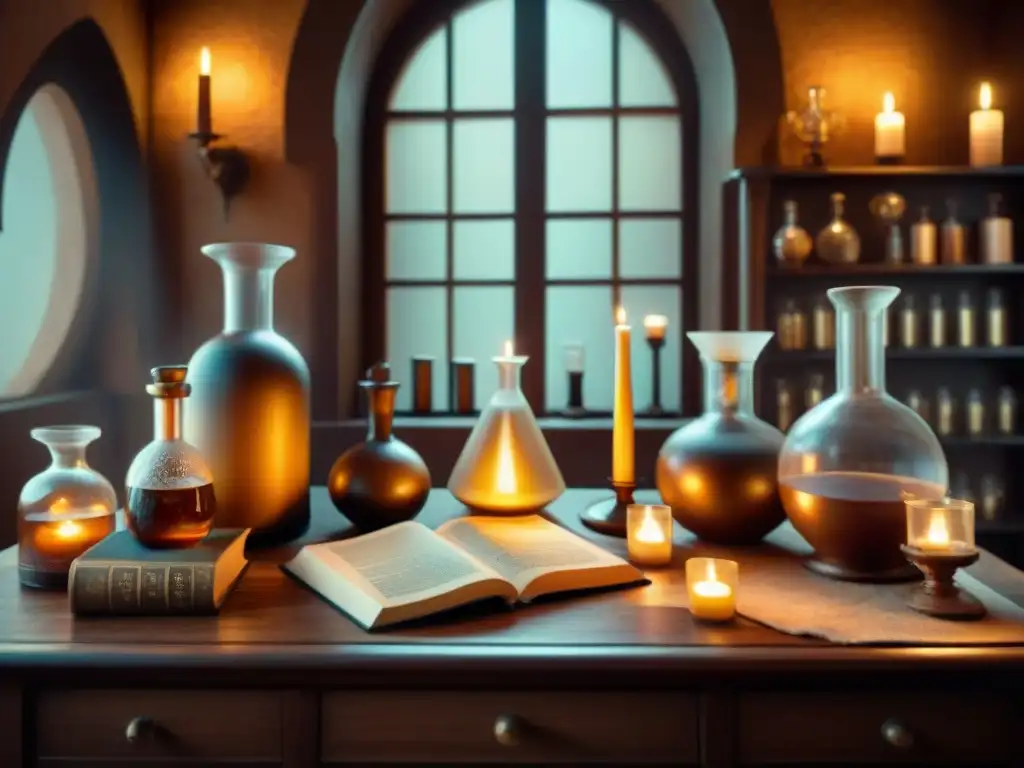 Un laboratorio alquímico vintage detallado en sepia, con cristalería intricada, libros antiguos y velas, capturando la Importancia alquimia en ciencia