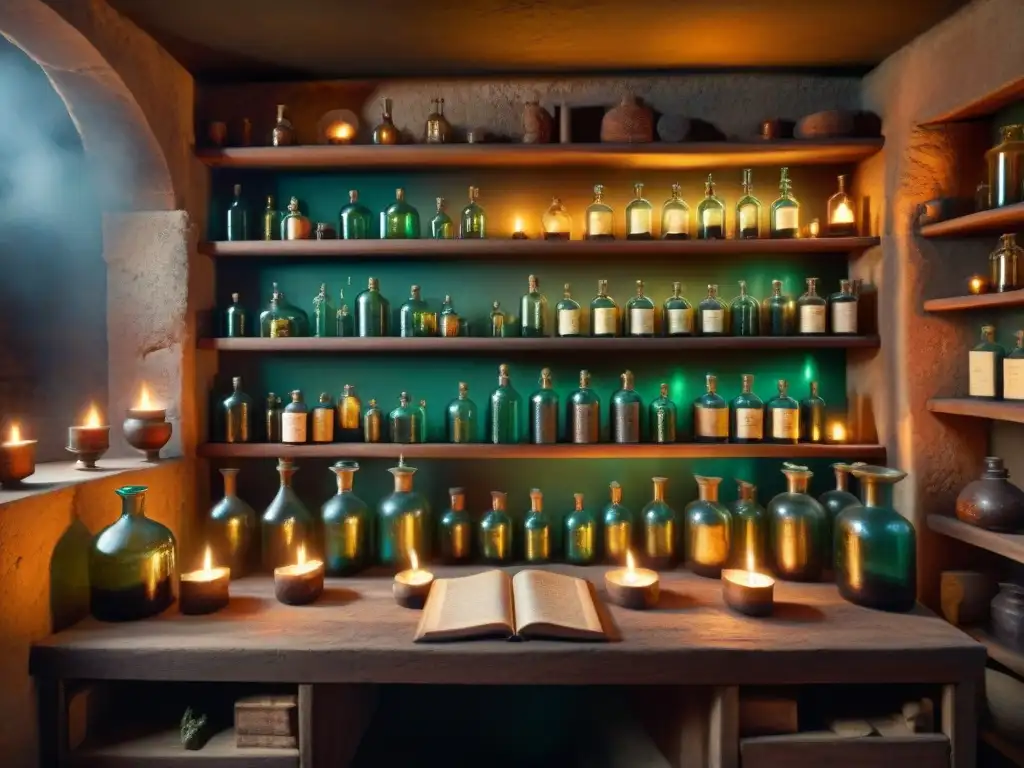 Un laboratorio alquímico vintage iluminado por velas, repleto de botellas y manuscritos antiguos, con símbolos místicos en las paredes de piedra