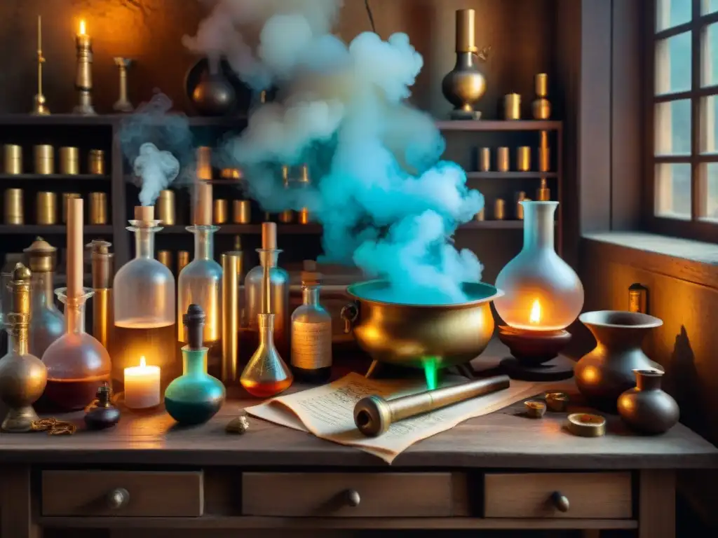Misterioso laboratorio alquímico con instrumentos antiguos Un laboratorio alquímico vintage con instrumentos místicos y antiguos, bañado en luz de velas