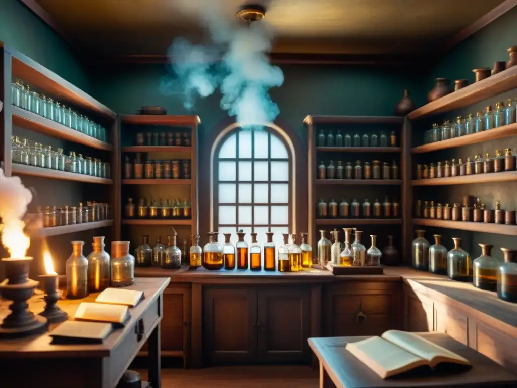 Un laboratorio alquímico vintage con libros antiguos, frascos misteriosos y un astrolabio de bronce