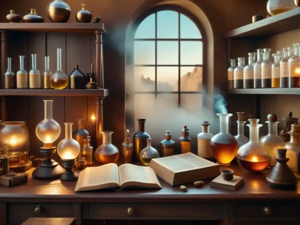 Un laboratorio alquímico vintage con tonos sepia cálidos, misteriosos ingredientes y éter alquímico para bienestar integral