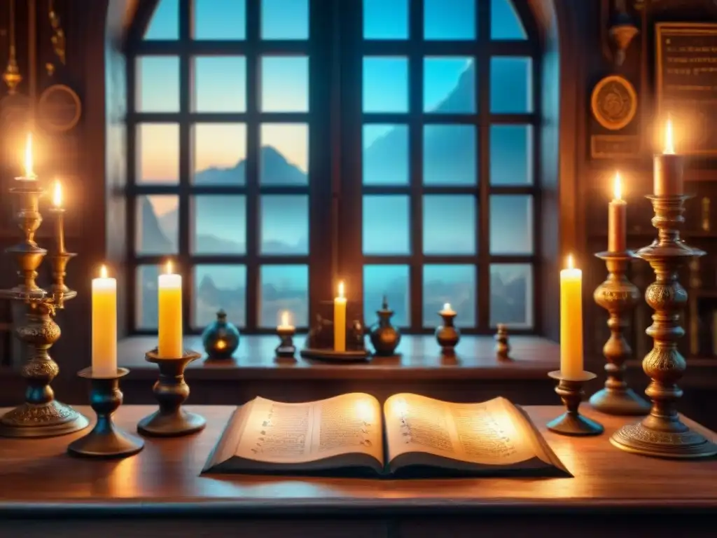 Un laboratorio de alquimista antiguo con cristalería intricada, velas encendidas, pergaminos con símbolos alquímicos y cartas astrológicas