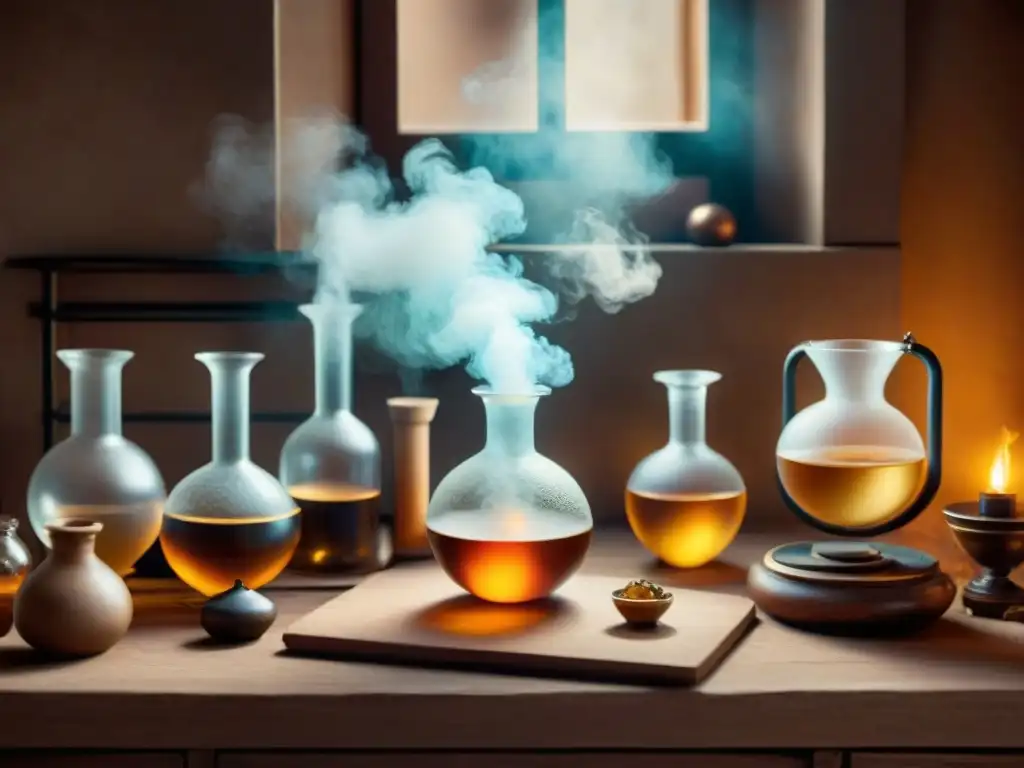 Laboratorio alquímico antiguo en detallada imagen 8k Descubre el laboratorio de un alquimista antiguo con cristalería detallada y símbolos místicos, en tonos sepia