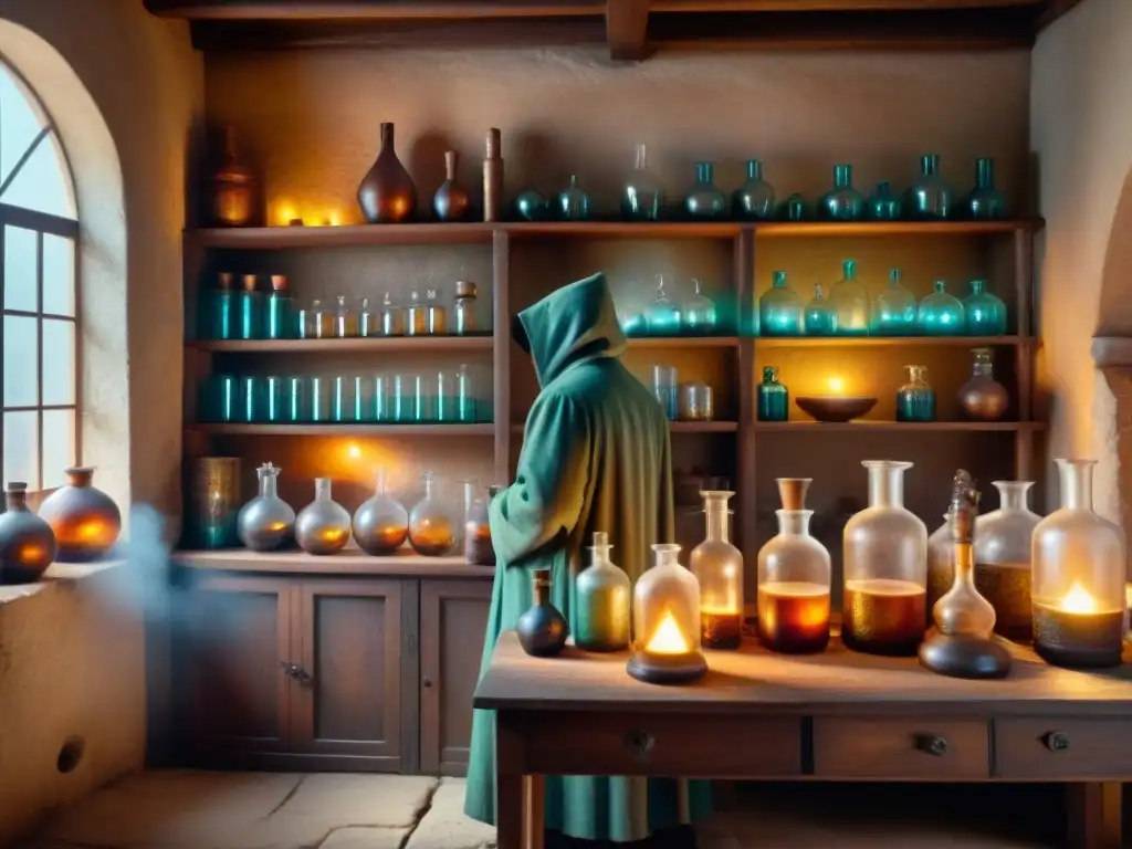 Laboratorio de alquimista antiguo con cristalería, ingredientes misteriosos, velas y figuras en penumbra