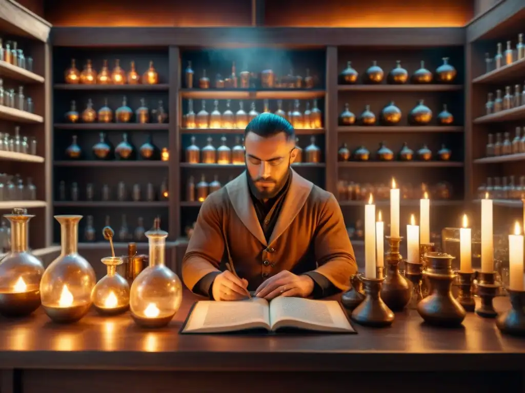 En el laboratorio del alquimista antiguo en Marte, elementos místicos y valientes se mezclan en una escena sepia detallada en 8k