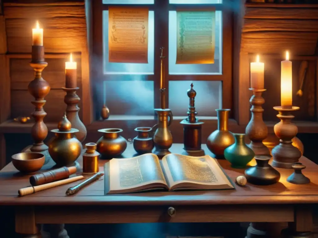 Un laboratorio alquimista antiguo con herramientas y símbolos astrológicos, iluminado por velas
