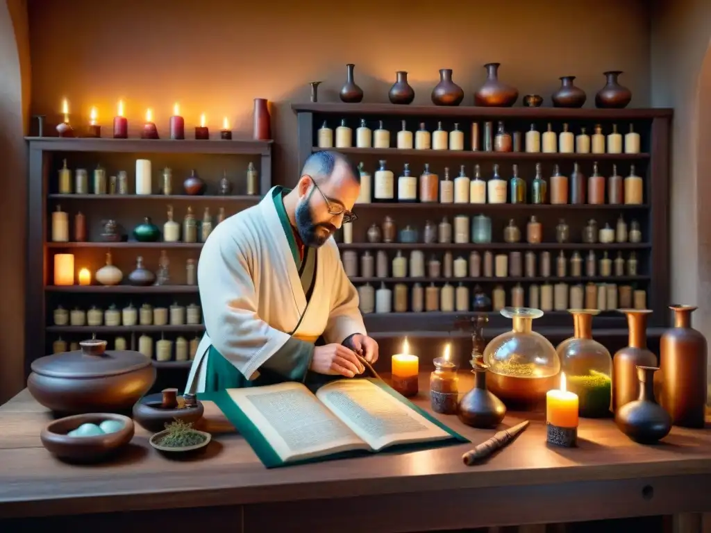 Un laboratorio de alquimista antiguo iluminado por velas, mostrando la historia de la alquimia en medicina