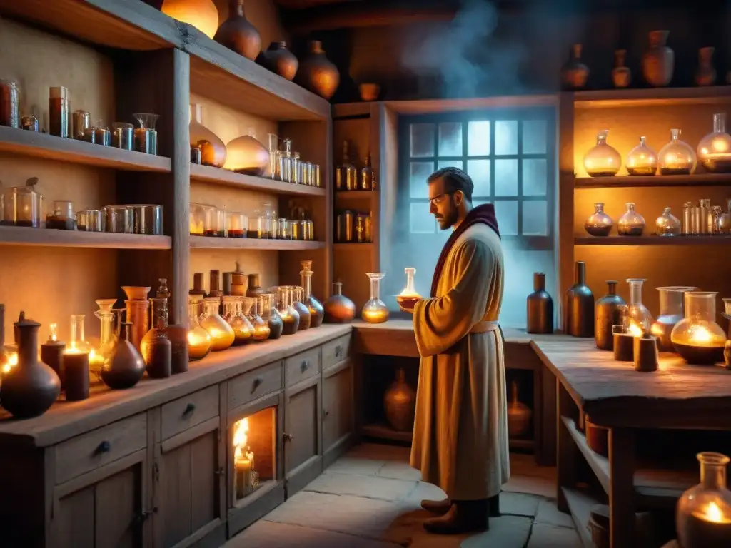 Un laboratorio de alquimista antiguo lleno de misteriosos ingredientes y frascos burbujeantes, iluminado por velas