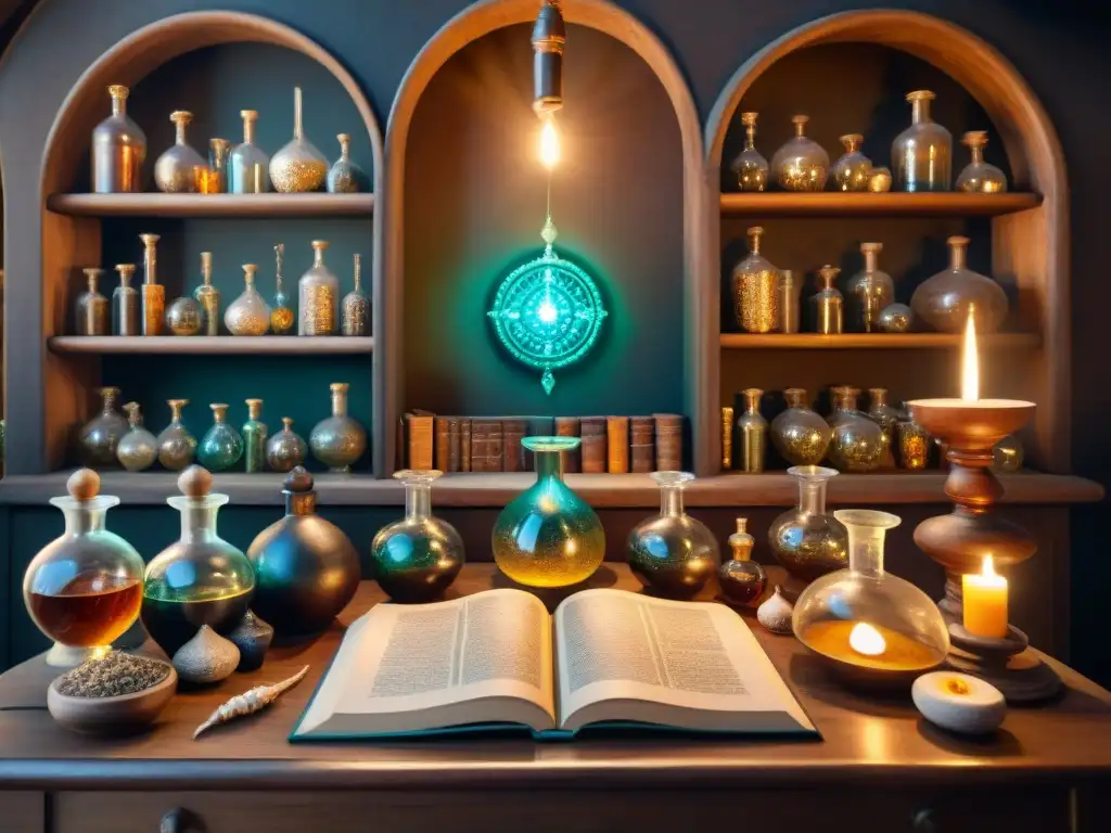 Un laboratorio de alquimista antiguo lleno de vidrio, ingredientes misteriosos y un libro de símbolos alquímicos, iluminado por velas