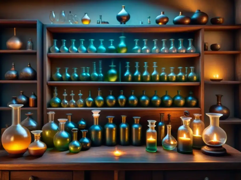 El laboratorio del alquimista antiguo, con sus vidrieras y misteriosos ingredientes, iluminado por velas