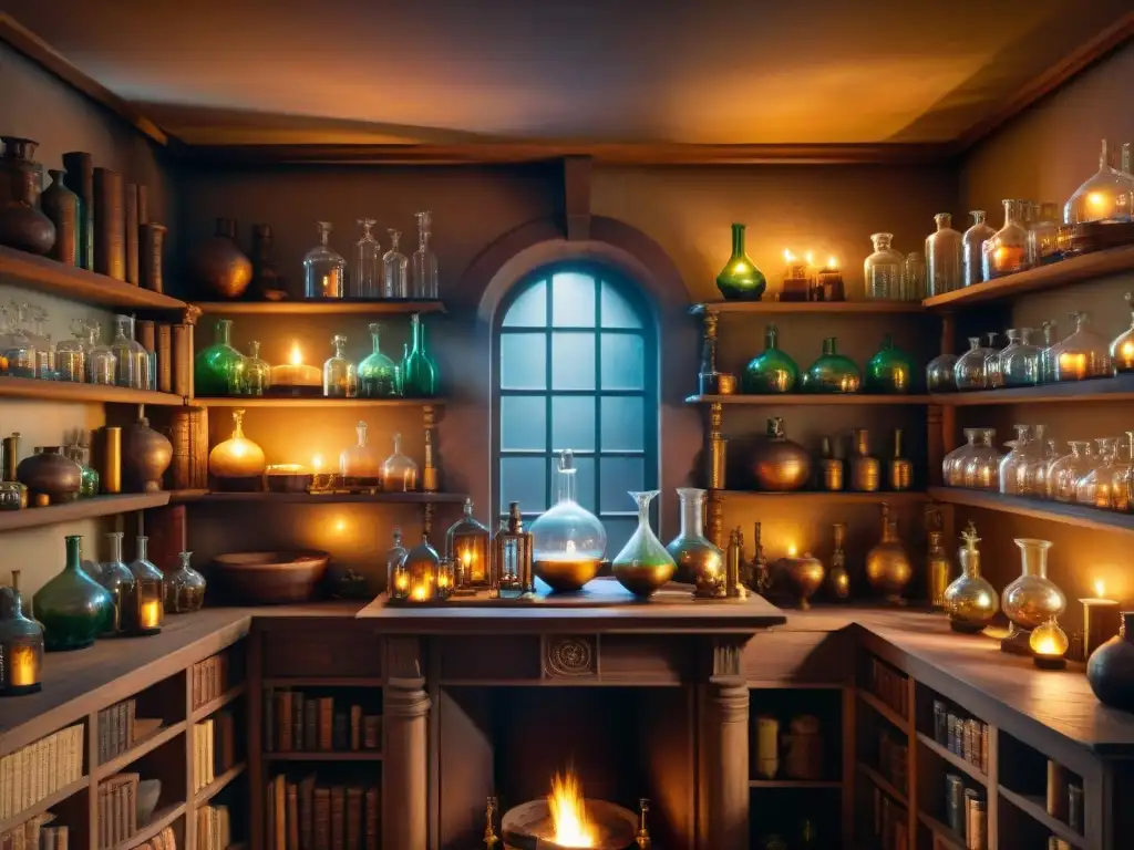 Laboratorio de alquimia antiguo: misterio y magia Un laboratorio de alquimista antiguo con vidriería intricada, pociones burbujeantes y luz de velas