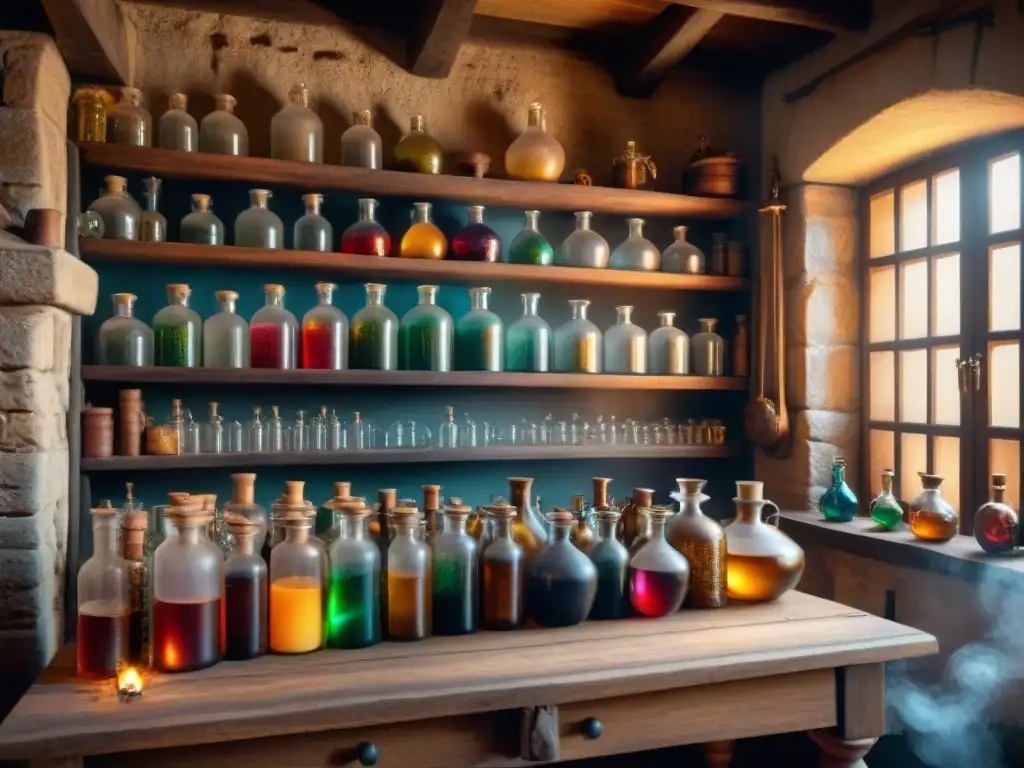 Un laboratorio alquimista medieval detallado con botellas de colores, símbolos misteriosos y luz de velas