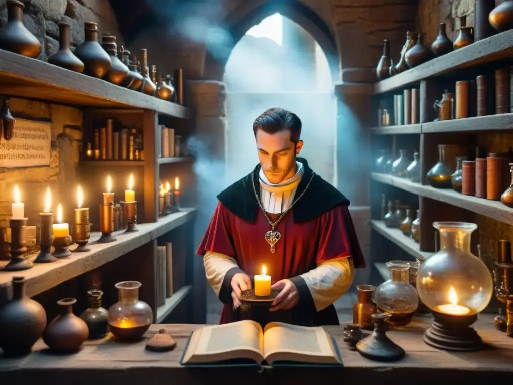 Un laboratorio alquimista medieval detallado, con libros polvorientos, cristalería y luces de velas, evocando misterio y sabiduría antigua