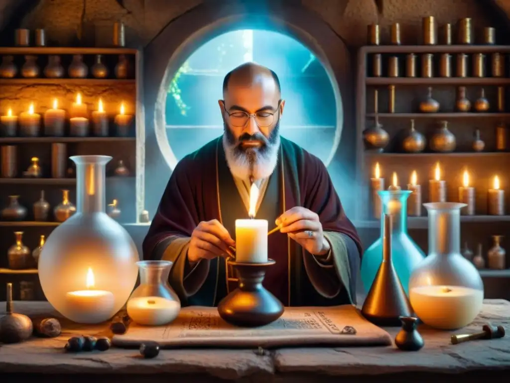 Laboratorio alquímico místico: ilustración detallada en sepia En el laboratorio del alquimista, la importancia de la alquimia y la medicina alternativa se entrelazan en una atmósfera mística y antigua