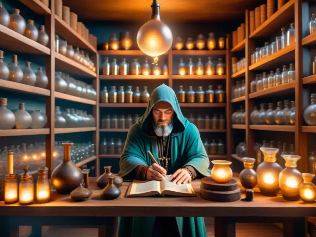 Laboratorio alquímico antiguo: misterios y sombras Un laboratorio alquimista lleno de secretos, con figuras misteriosas y libros polvorientos