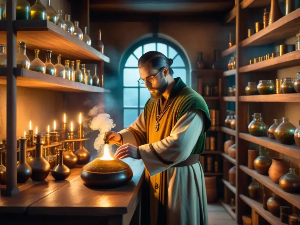 En el laboratorio de un alquimista medieval, se mezcla un ambiente de misterio con la historia de la alquimia política