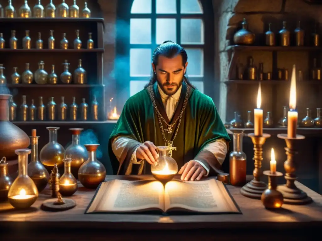 En el laboratorio de un alquimista medieval, se observa una escena detallada con cristalería, manuscritos antiguos y misteriosos ingredientes iluminados por velas