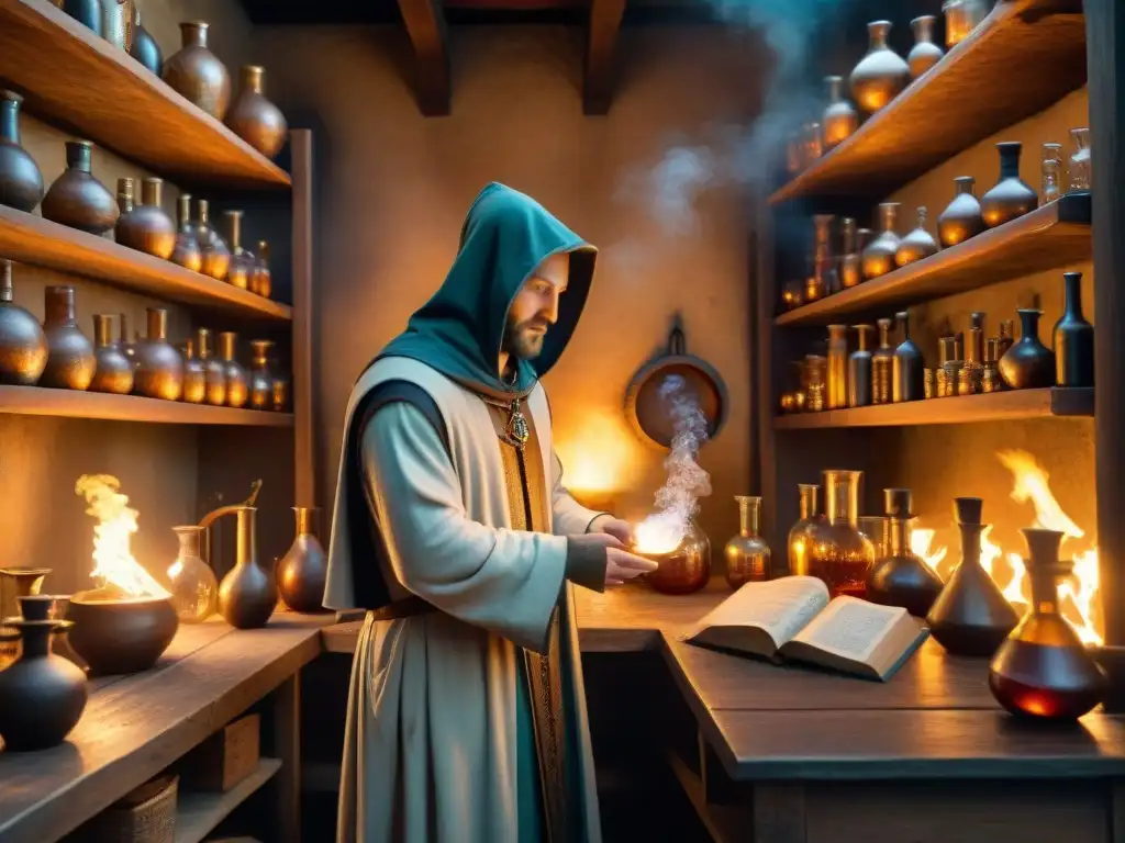 Laboratorio de alquimia medieval: secretos y sabiduría ancestral En el laboratorio de un alquimista medieval, con influencia alquímica en realeza medieval