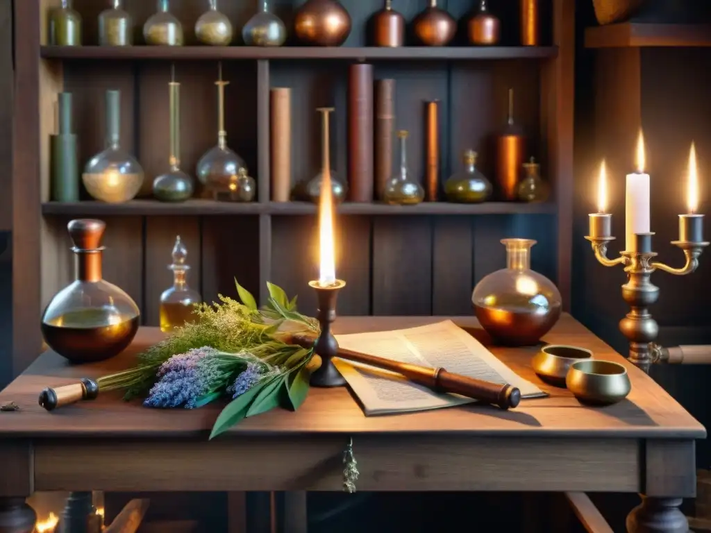 En el laboratorio de un alquimista medieval, ingredientes botánicos llenan el ambiente iluminado por velas