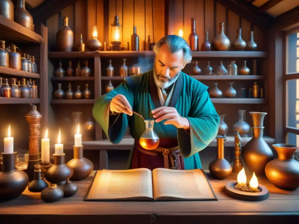 El laboratorio de un alquimista medieval con pociones burbujeantes, manuscritos antiguos y símbolos místicos, iluminado por una cálida luz de chimenea