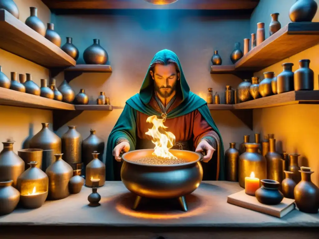 En el laboratorio del alquimista medieval, se mezclan recetas alquímicas en busca de transformación y terapias, iluminado por velas