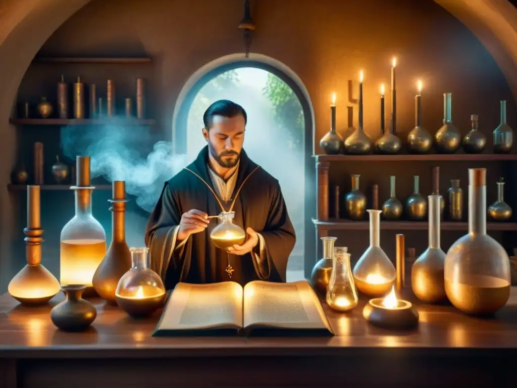 En el laboratorio de un alquimista, un misterioso personaje mezcla fluidos vitales en un ambiente de antiguo conocimiento y magia