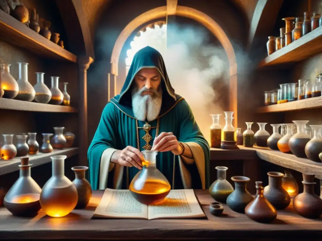 Un laboratorio alquimista medieval con pociones burbujeantes y ingredientes misteriosos, iluminado por sabiduría ancestral y poder transformador