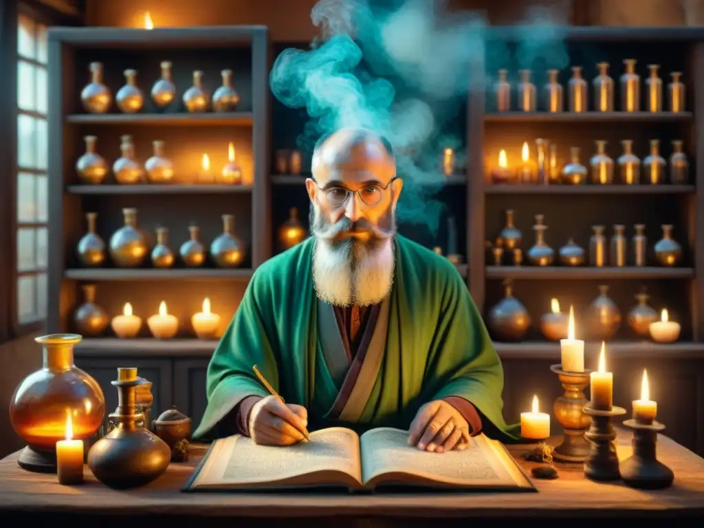 Laboratorio alquímico antiguo: sabiduría mística y esencia histórica En el laboratorio del alquimista, la sabiduría alquímica se entrelaza con la medicina del futuro en una escena mística y evocadora