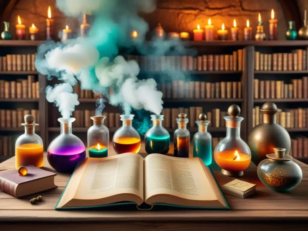 El laboratorio del alquimista: vial de colores, libros antiguos, calderos humeantes y velas