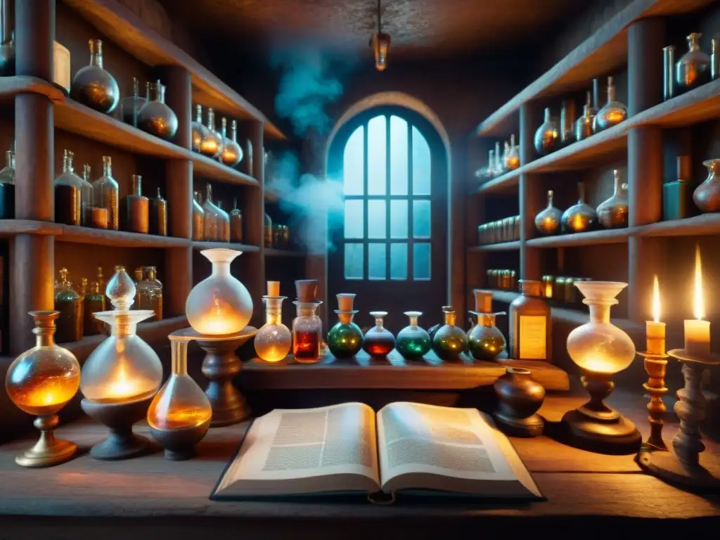 El laboratorio del anciano alquimista: vidrio detallado, líquidos burbujeantes, libros antiguos y luz de velas