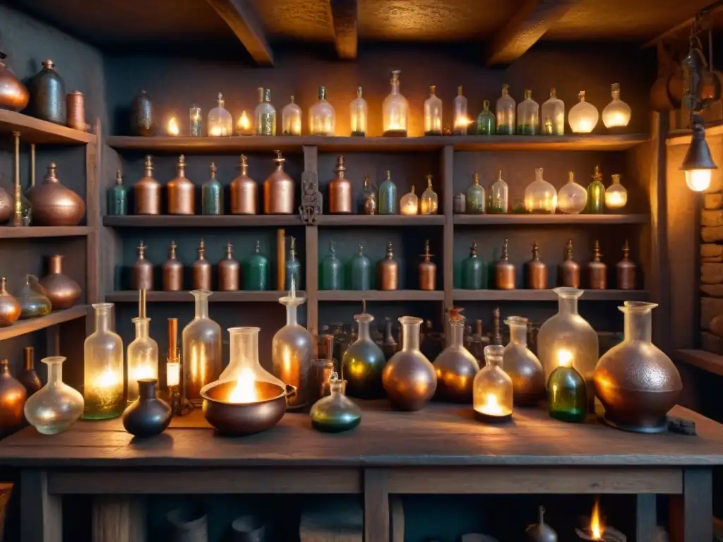 Un laboratorio antiguo de alquimia con botellas, pociones burbujeantes y herramientas misteriosas, iluminado por velas