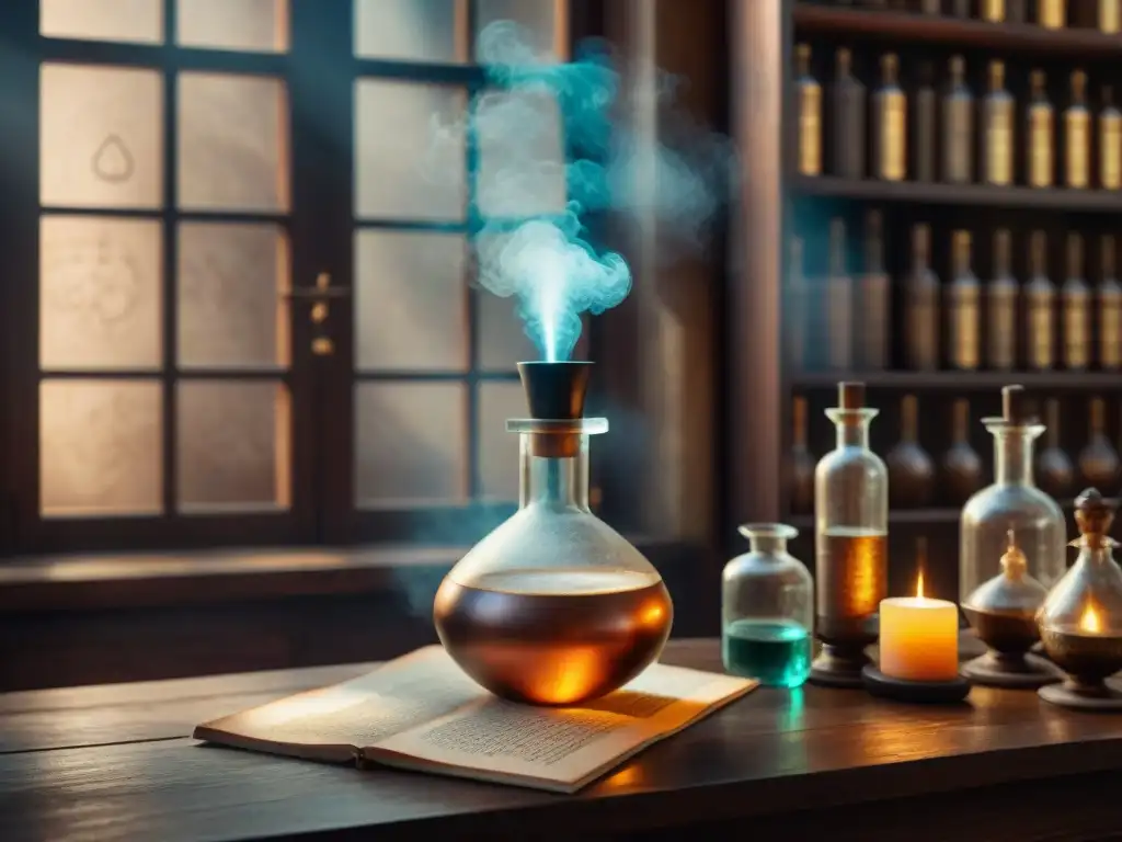 Destilación alquímica: purificación espíritu en un laboratorio antiguo, con aparatos de cobre y vidrio iluminados por la luz tenue