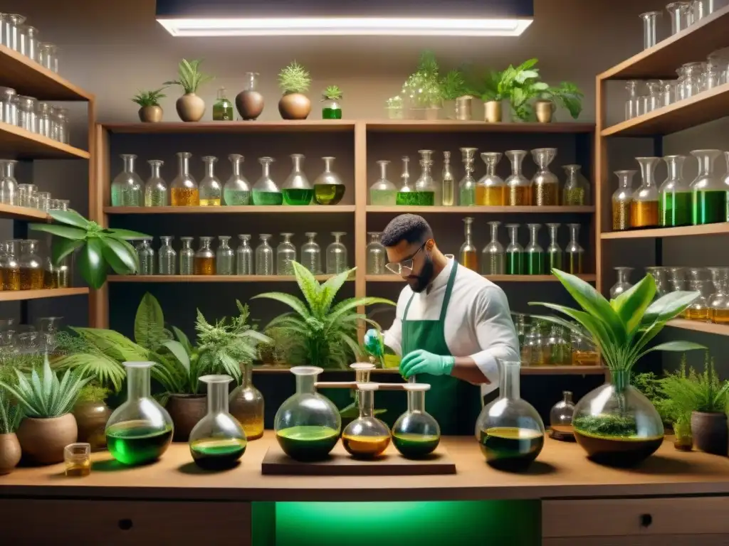 Un laboratorio botánico detallado con experimentos alquímicos con plantas en tonos sepia cálidos