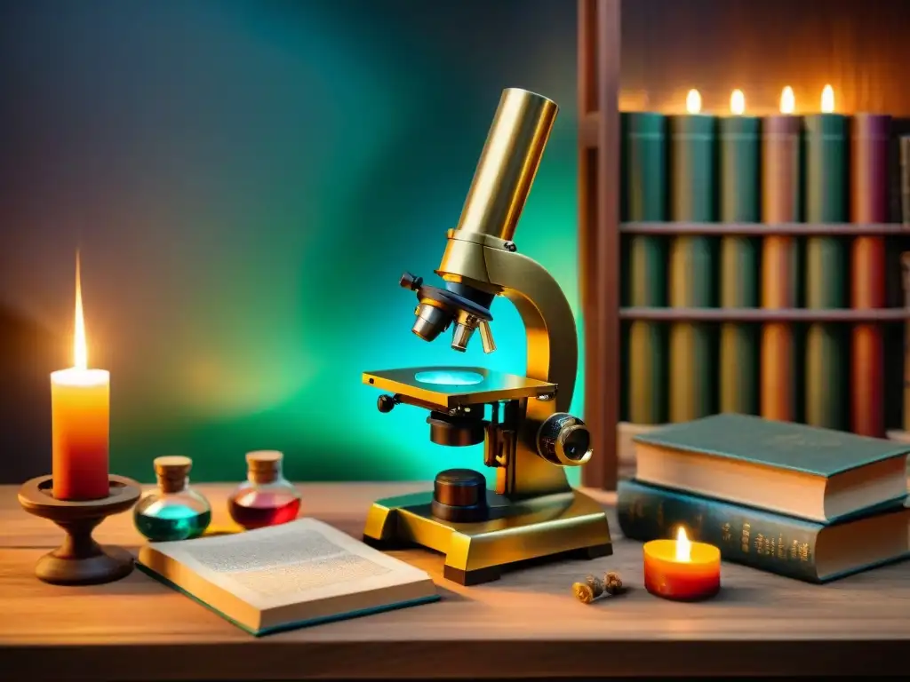 Un laboratorio casero de alquimia con el mejor microscopio de latón rodeado de libros antiguos, velas y frascos de líquidos coloridos