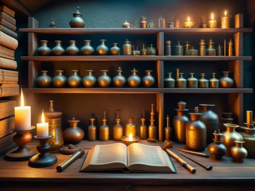 Un laboratorio de alquimista medieval detallado con herramientas e instrumentos, iluminado por velas