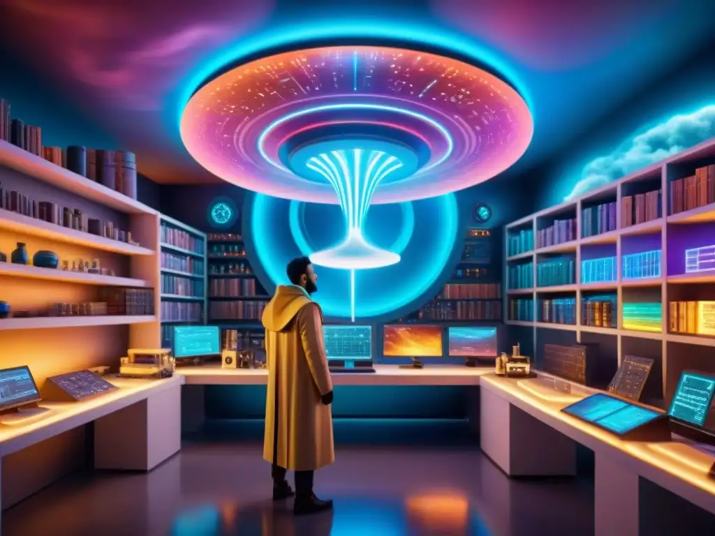 Un laboratorio futurista fusionando alquimia con ciencia ficción, figura misteriosa en experimento rodeada de energía colorida