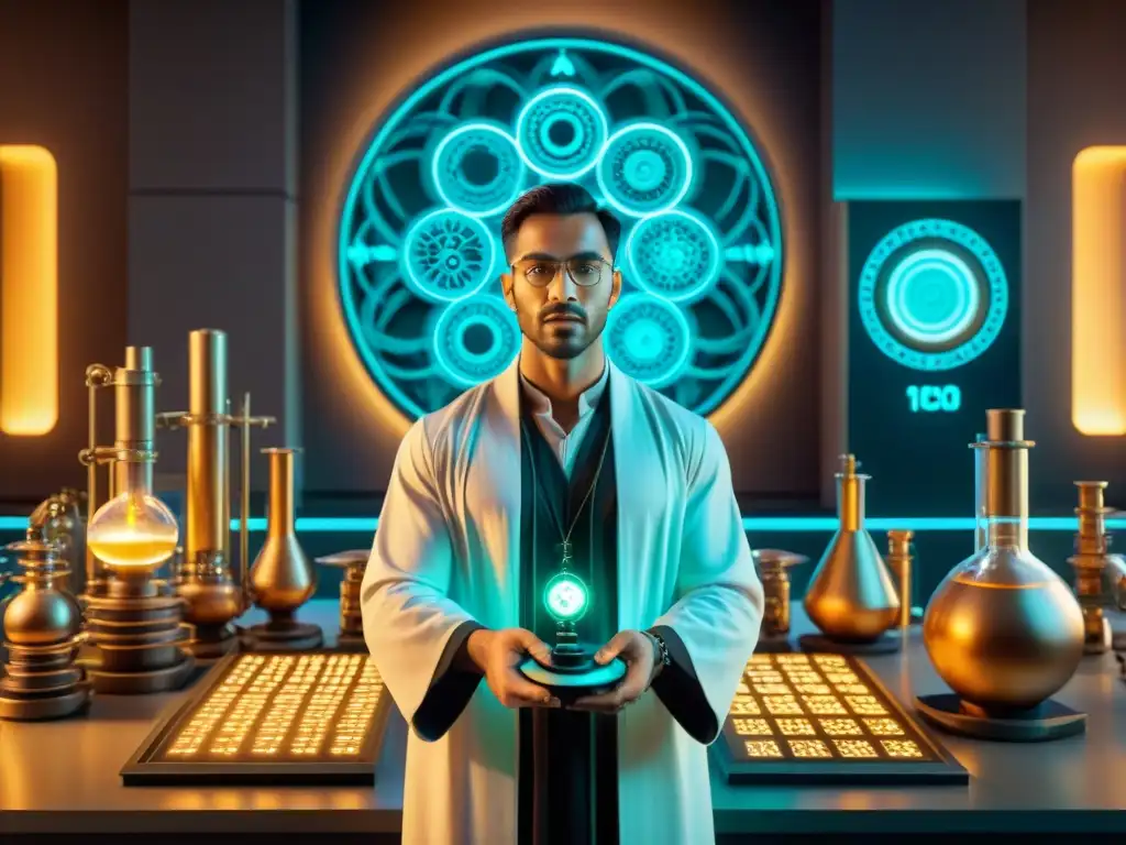 Alquimia del futuro: laboratorio místico-tecnológico En un laboratorio futurista, alquimia y tecnología se fusionan