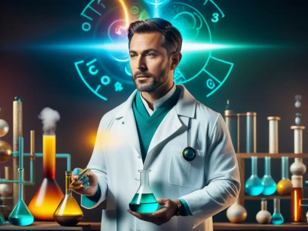 Alquimia futurista: laboratorio místico y científico Un laboratorio futurista fusiona la alquimia tradicional con la ciencia moderna