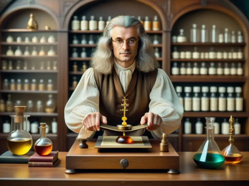 Sir Isaac Newton en su laboratorio histórico, pesando ingredientes alquímicos con precisión