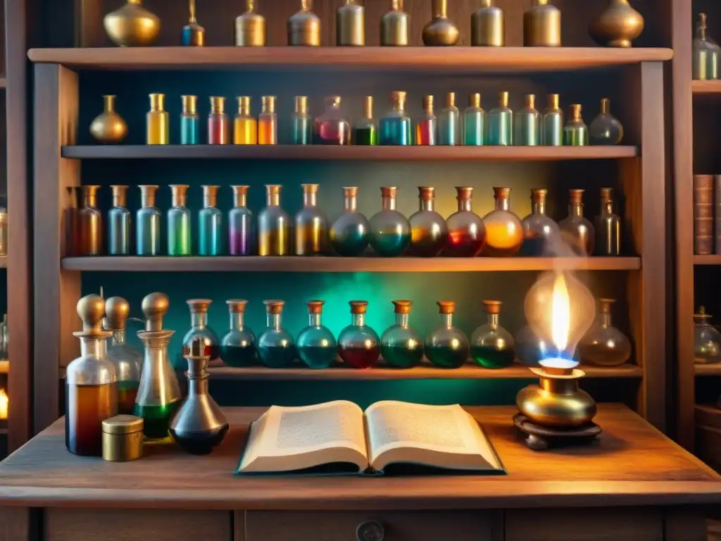 Un laboratorio de alquimista vintage con libros antiguos, líquidos coloridos en frascos y una lámpara de aceite iluminando la escena